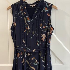 Nanette Lepore Navy Floral Pintuck Midi Dress with Self-Tie Belt